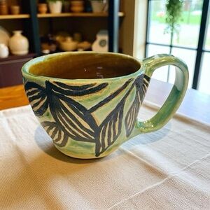 Handmade Ceramic Mug – 2.5” – Green & Black Botanical Design signed by Artist